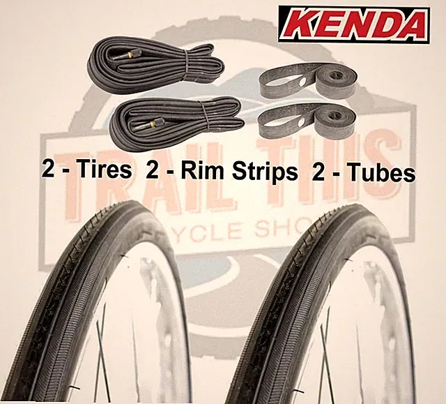 2-Pack Kenda K35 BLACK Wall 27x1-1/4" Road Bike Tires Tubes & Rim Strips Kit Set