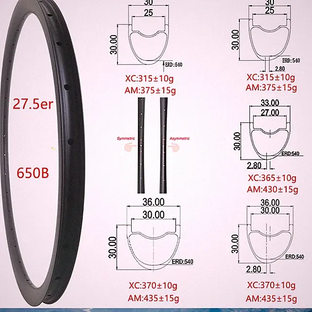 27.5er 650B Mountain XC AM Bicycle Carbon Fiber Rims Tubeless 24 28 32 36Hole