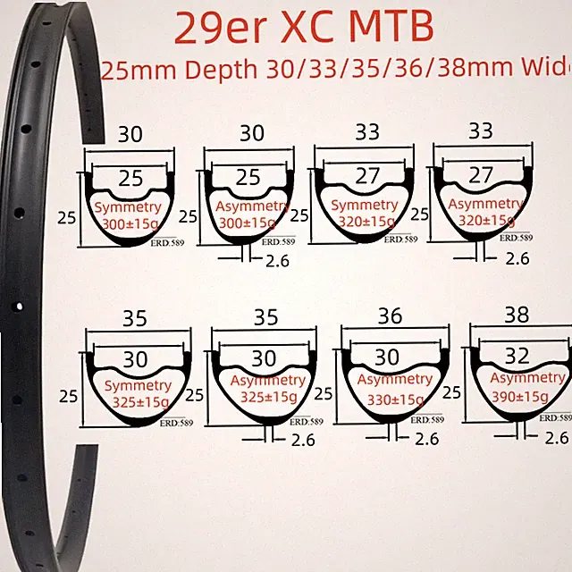 29er MTB Carbon Rims 25mm Depth 30/33/35/36/38mm Wide Mountain Bike Wheel 24 28H