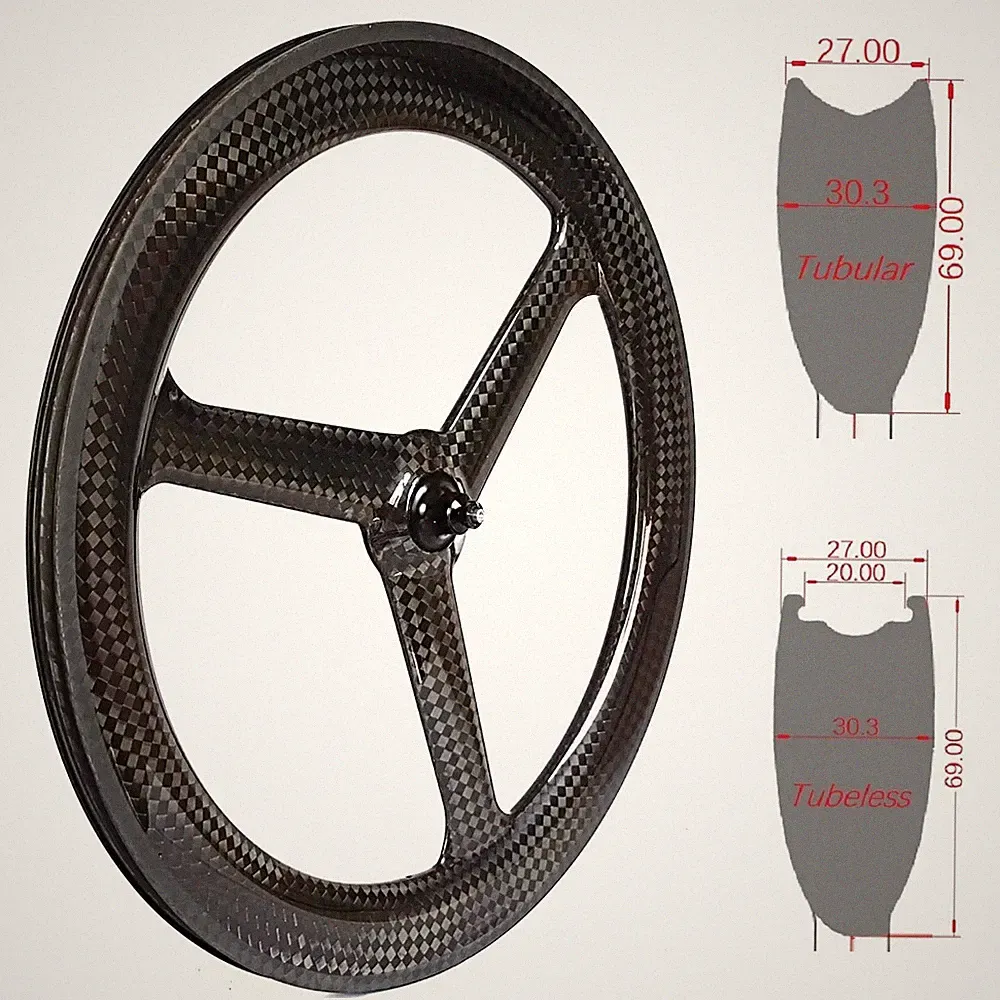 700C 3 Spokes Carbon Wheels 27*69mm TT Road Track Fixed Gear Bicycle Wheelset